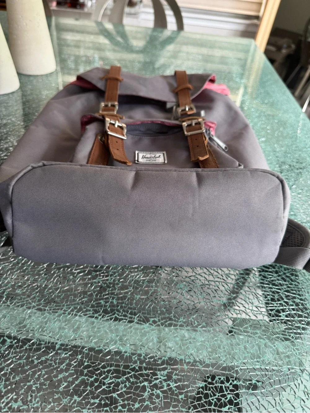 Herschel Supply Company Gray Backpack with Brown Straps and Pink Accents